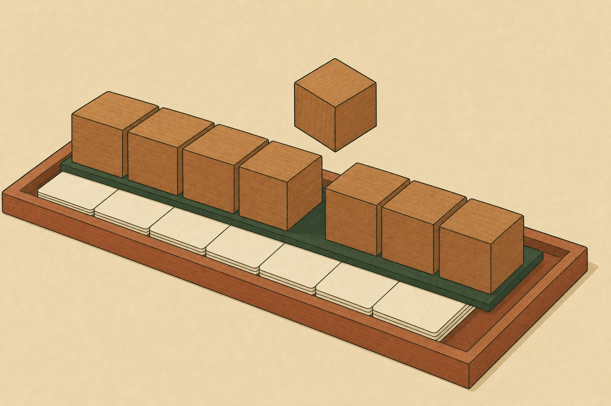 一列に並んだ木製ブロックのうち5つ目だけが持ち上げられ、列の下に土台となる白いカードが差し込まれている、本時の位置づけを表した図