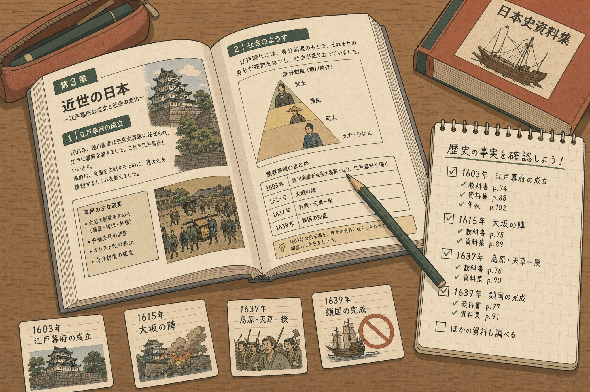 教科書と照合しながらAI生成問題を3点チェックするイメージ